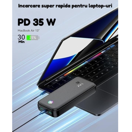 Baterie externa 20000 mAh Rocoren®, ultra fast charge 35W max power, acumulator cu tehnologie high speed PD 35W, powerbank cu incarcare rapida, indicator de nivel, cablu de incarcare 100 w, Negru [3]