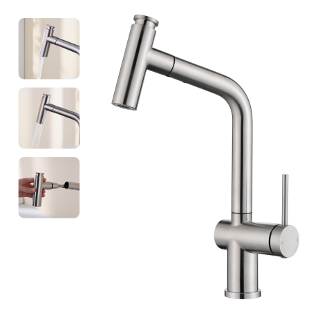 Casa & Birou - Baterie pentru Chiuveta Bucatarie Extractabila, Inox Premium SUS304, Anti-rugina, Anti-exfoliere, cap dus extractabil, Pipa inalta si Rotire 360°, 2 Moduri Jet, Monocomanda, de calitate
