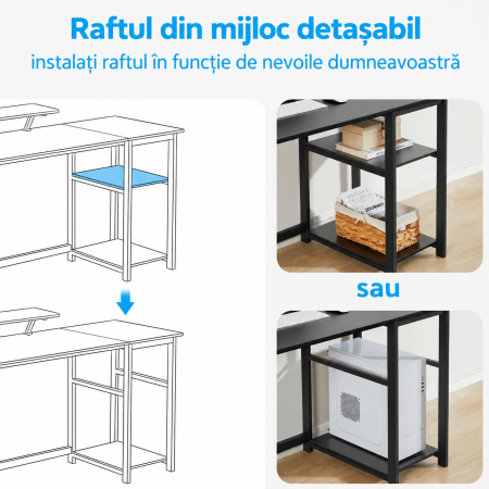 Birou modern 100×50×75 cm cu spațiu de depozitare, masă PC cu rafturi detașabile și suport monitor, structură metalică stabilă, ergonomic, negru. [2]