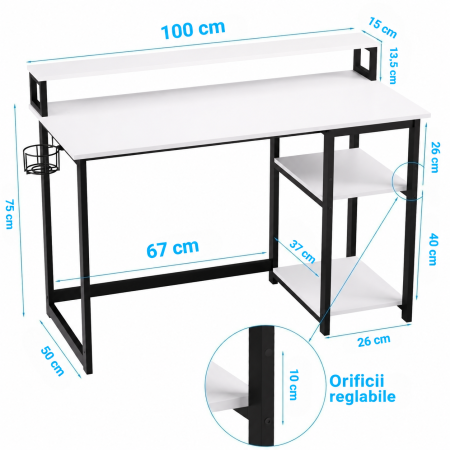 AM283 - Birou modern 100x50x75 cm cu spatiu de depozitare, masa PC cu rafturi detasabile, suport monitor, structura metalica stabila, design ergonomic si multifunctional pentru acasa, gaming, dormitor sau birou, alb [5]