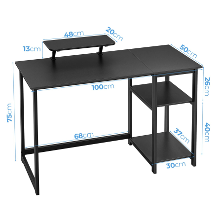 Birou modern 100×50×75 cm cu spațiu de depozitare, masă PC cu rafturi detașabile și suport monitor, structură metalică stabilă, ergonomic, negru. [3]