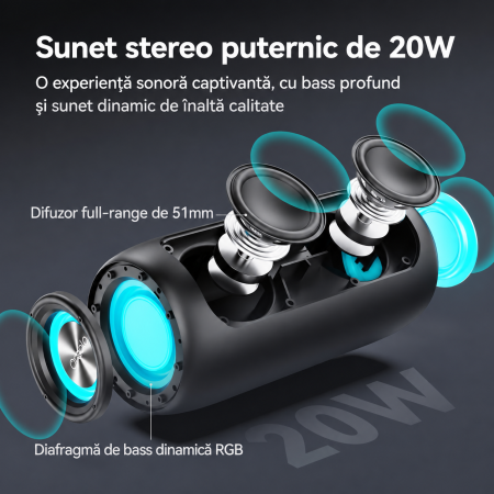 AM271 - Boxa portabila Oraolo® , 20 watt, Bluetooth 5.4, Functie TWS Pairing x 2, Rezistenta la apa IPX6, Acumulator, Lumini RGB, Type C, Conexiune AUX, Slot SD Card si USB, Negru [1]