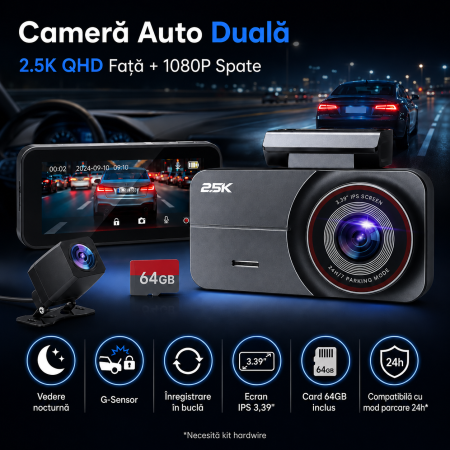 AM263 - Camera video auto fata si spate, camera dubla QHD 2.5K / 2560 x 1440P pentru masina, vedere nocturna superioara, inregistrare in bucla, ecran IPS de 3.39 inch, card de 64GB inclus, unghi larg de 160°, mod parcare 24h [2]