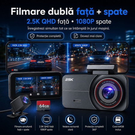 AM263 - Camera video auto fata si spate, camera dubla QHD 2.5K / 2560 x 1440P pentru masina, vedere nocturna superioara, inregistrare in bucla, ecran IPS de 3.39 inch, card de 64GB inclus, unghi larg de 160°, mod parcare 24h [3]