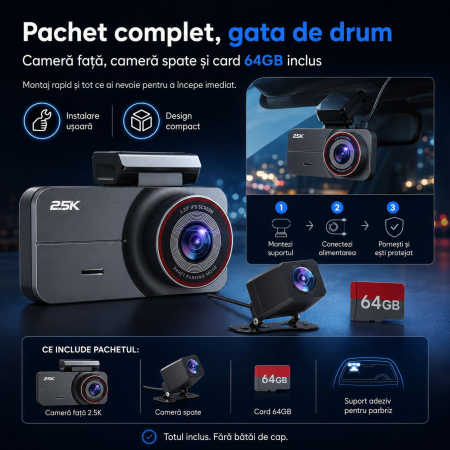 AM263 - Camera video auto fata si spate, camera dubla QHD 2.5K / 2560 x 1440P pentru masina, vedere nocturna superioara, inregistrare in bucla, ecran IPS de 3.39 inch, card de 64GB inclus, unghi larg de 160°, mod parcare 24h [1]