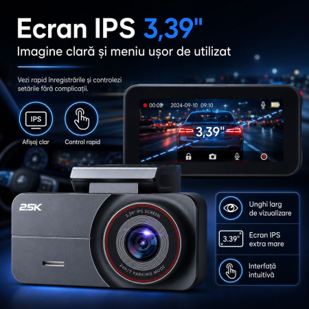 AM263 - Camera video auto fata si spate, camera dubla QHD 2.5K / 2560 x 1440P pentru masina, vedere nocturna superioara, inregistrare in bucla, ecran IPS de 3.39 inch, card de 64GB inclus, unghi larg de 160°, mod parcare 24h [9]