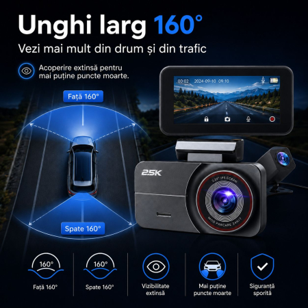 AM263 - Camera video auto fata si spate, camera dubla QHD 2.5K / 2560 x 1440P pentru masina, vedere nocturna superioara, inregistrare in bucla, ecran IPS de 3.39 inch, card de 64GB inclus, unghi larg de 160°, mod parcare 24h [8]