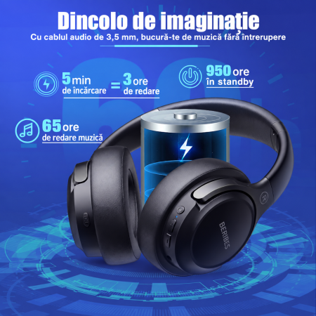 Casti Bluetooth Over-Ear Beribes, 65 Ore Autonomie, 6 Moduri EQ, Bluetooth 5.3, Microfon Integrat, Conectivitate 3.5 mm. [3]