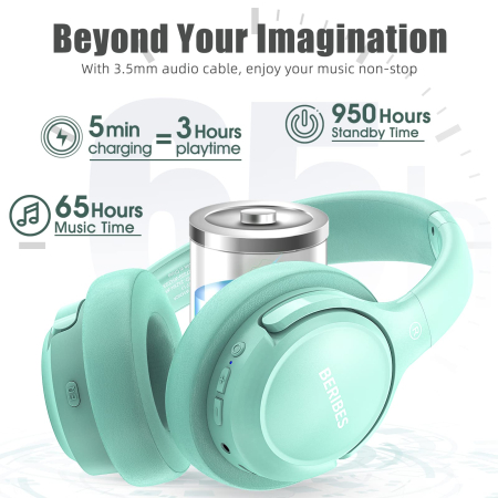Casti Bluetooth Over-Ear BERIBES® Wireless cu Autonomie de pana la 65 Ore, 6 Moduri EQ, Sunet HiFi Stereo, Bass Profund, Microfon Incorporat, Bluetooth 5.3, Pliabile, Compatibile cu Telefon, iPad, Laptop, PC, Verde [2]