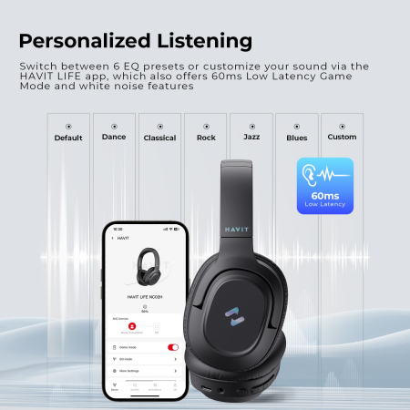Casti Wireless Over-Ear Bluetooth Havit® H612BT PRO cu Anulare Activa a Zgomotului, Aplicatie Mobila, Mod Equalizer, Latenta Redusa 60ms pentru Gaming, Bass Puternic, Pliabile, Autonomie 50 Ore, Mod Joc, Casti Premium pentru Muzica si Jocuri, Negru [6]