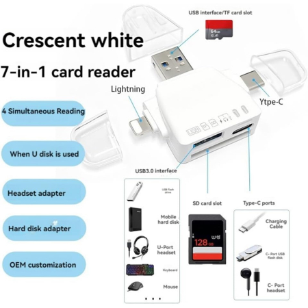 Cititor De Carduri 7 In 1 AdyMel®, Card Reader compatibil cu Apple, Samsung, Huawei, Xiaomi, Honor, USB 3.0, Adaptor cu Mufe tip Lighting, Type-C, Micro SD si SD, Alb [1]