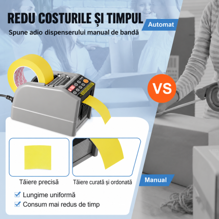 Dispenser automat cutter electric Vevor®, banda adeziva, banda satin, banda hartie, banda scotch, capacitate de taiere duala, setari de lungime personalizabile, priza eu, afisaj digital, mod automat si manual, cutter banda profesional [1]