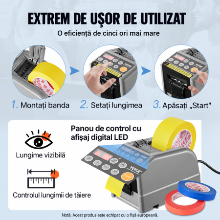 Dispenser automat cutter electric Vevor®, banda adeziva, banda satin, banda hartie, banda scotch, capacitate de taiere duala, setari de lungime personalizabile, priza eu, afisaj digital, mod automat si manual, cutter banda profesional [4]