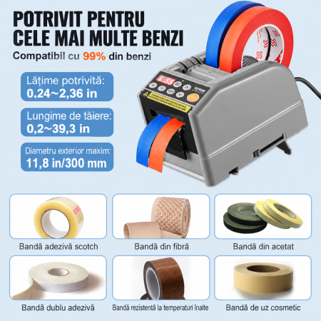 Dispenser automat cutter electric Vevor®, banda adeziva, banda satin, banda hartie, banda scotch, capacitate de taiere duala, setari de lungime personalizabile, priza eu, afisaj digital, mod automat si manual, cutter banda profesional [5]