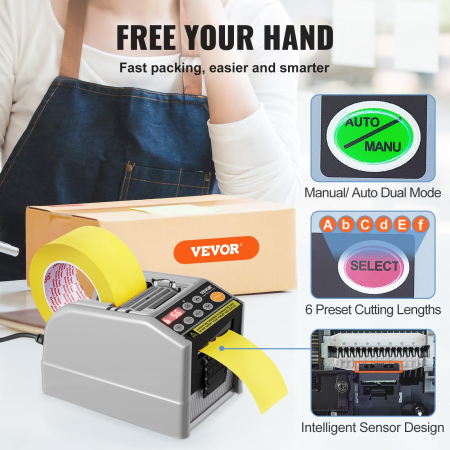 Dispenser automat cutter electric Vevor®, banda adeziva, banda satin, banda hartie, banda scotch, capacitate de taiere duala, setari de lungime personalizabile, priza eu, afisaj digital, mod automat si manual, cutter banda profesional [8]