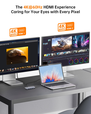 Docking Station USB-C NOVOO® RM11 Pro+, Adaptor hub 11 in 1, Triple Display 8K DP + Dual 4K HDMI, 100W PD, RJ45 Gigabit, 3x USB 3.0, USB 2.0, SD/TF, Compatibil Laptop, MacBook, Windows [4]