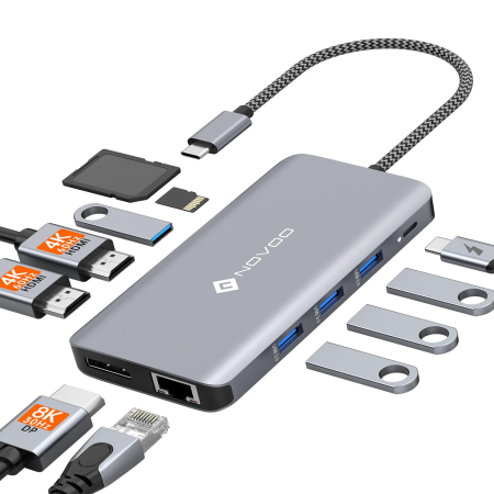 Adaptoare, Hub-uri Usb - Docking Station USB-C NOVOO® RM11 Pro+, Adaptor hub 11 in 1, Triple Display 8K DP + Dual 4K HDMI, 100W PD, RJ45 Gigabit, 3x USB 3.0, USB 2.0, SD/TF, Compatibil Laptop, MacBook, Windows