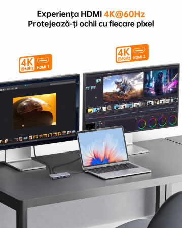 Docking Station USB-C NOVOO® RM11 Pro+, Adaptor hub 11 in 1, Triple Display 8K DP + Dual 4K HDMI, 100W PD, RJ45 Gigabit, 3x USB 3.0, USB 2.0, SD/TF, Compatibil Laptop, MacBook, Windows [5]