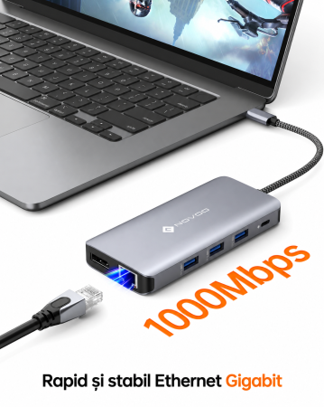 Docking Station USB-C NOVOO® RM11 Pro+, Adaptor hub 11 in 1, Triple Display 8K DP + Dual 4K HDMI, 100W PD, RJ45 Gigabit, 3x USB 3.0, USB 2.0, SD/TF, Compatibil Laptop, MacBook, Windows [4]