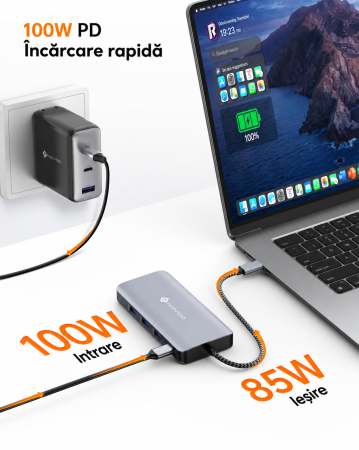 Docking Station USB-C NOVOO® RM11 Pro+, Adaptor hub 11 in 1, Triple Display 8K DP + Dual 4K HDMI, 100W PD, RJ45 Gigabit, 3x USB 3.0, USB 2.0, SD/TF, Compatibil Laptop, MacBook, Windows [2]
