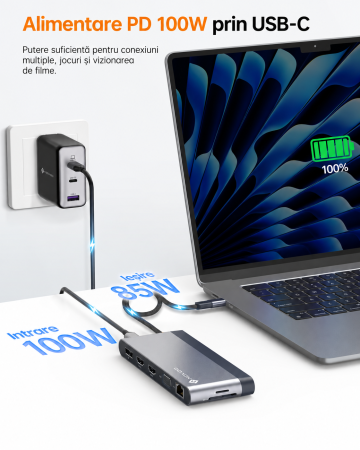 Docking Station USB-C NOVOO® RM14F, Adaptor hub 14 in 1, Quad Display 8K DP + Dual 4K HDMI, VGA, 5x USB 3.1, PD 100W, Ethernet Gigabit, SD/TF, Audio 3.5mm, Thunderbolt 3/4 Compatibil Laptop, MacBook, Windows [3]