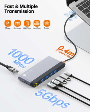 Docking Station USB-C NOVOO® RM14F, Adaptor hub 14 in 1, Quad Display 8K DP + Dual 4K HDMI, VGA, 5x USB 3.1, PD 100W, Ethernet Gigabit, SD/TF, Audio 3.5mm, Thunderbolt 3/4 Compatibil Laptop, MacBook, Windows [4]