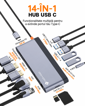 Docking Station USB-C NOVOO® RM14F, Adaptor hub 14 in 1, Quad Display 8K DP + Dual 4K HDMI, VGA, 5x USB 3.1, PD 100W, Ethernet Gigabit, SD/TF, Audio 3.5mm, Thunderbolt 3/4 Compatibil Laptop, MacBook, Windows [1]