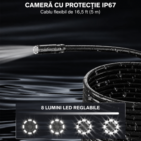 Endoscop industrial HANMATEK® 1080P – IP67, cablu 5 m, ecran 4,3", LED reglabil. [4]