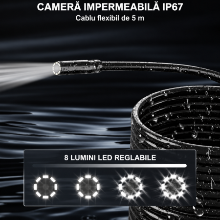 Endoscop industrial profesional HANMATEK® 1080P – IP67, SD 32GB, cablu 5 m, LED reglabil. [4]