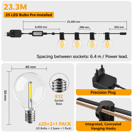 Ghirlanda Luminoasa Decorativa SMART LED IP44 23.3m Adymel®, 25+2 becuri LED G40 incluse, Control Aplicatie + Telecomanda, Timer Smart, exterior, lumina calda 2700K, Music Sync, potrivita pentru Craciun, Gradina, Terasa, Veranda, Foisor [1]