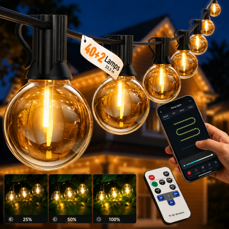 Ghirlanda Luminoasa Decorativa SMART LED IP44 33.3m Adymel®, 40+2 becuri LED G40 incluse, Control Aplicatie + Telecomanda, Timer Smart, exterior, lumina calda 2700K, Music Sync, potrivita pentru Craciun, Gradina, Terasa, Veranda, Foisor [0]