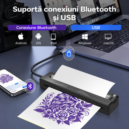 AM286 - Imprimanta Termica 2 in 1 Tatuaje + A4, Bluetooth, Fara Cerneala, Autonomie 300 Pagini, Usb, Portabila, Compatibila iOS Android Laptop [1]