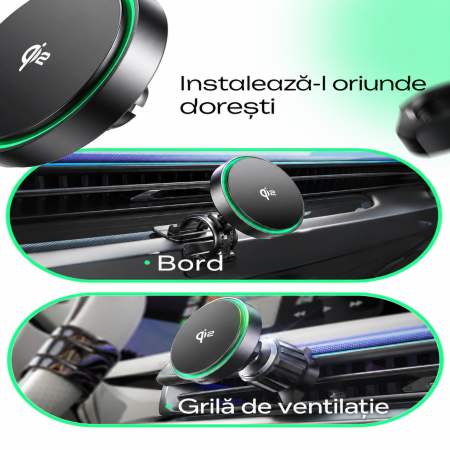 Incarcator auto wireless LISEN® IQ 2 – MagSafe 15W, rotire 360°, negru. [3]
