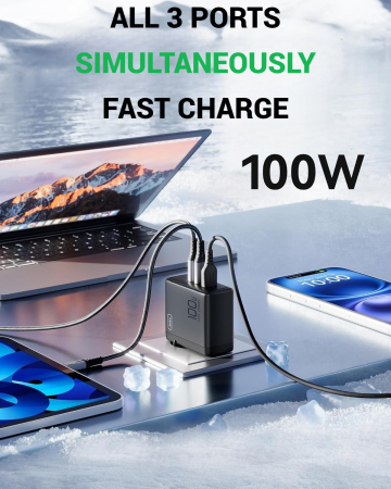 Incarcator retea 100W GaN, 3 Porturi Fast Charge Simultan, pentru telefon sau Laptop MacBook HP Lenovo, Cablu 100W Inclus, Compatibil iPhone 17 16 15, Samsung S25 S24 Ultra, iPad, Pixel, Switch [2]