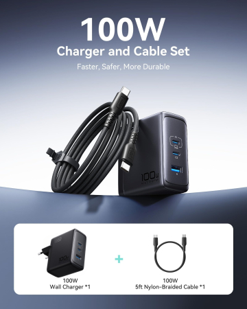 Incarcator retea 100W GaN, 3 Porturi Fast Charge Simultan, pentru telefon sau Laptop MacBook HP Lenovo, Cablu 100W Inclus, Compatibil iPhone 17 16 15, Samsung S25 S24 Ultra, iPad, Pixel, Switch [1]