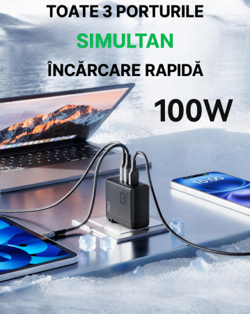 Incarcator retea 100W GaN, 3 Porturi Fast Charge Simultan, pentru telefon sau Laptop MacBook HP Lenovo, Cablu 100W Inclus, Compatibil iPhone 17 16 15, Samsung S25 S24 Ultra, iPad, Pixel, Switch [2]