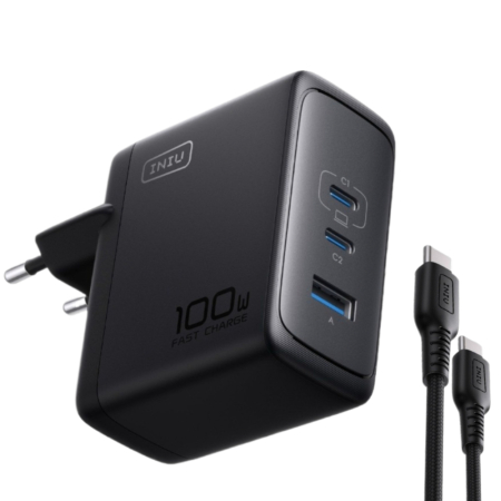 Accesorii si incarcatoare telefoane - Incarcator retea 100W GaN, 3 Porturi Fast Charge Simultan, pentru telefon sau Laptop MacBook HP Lenovo, Cablu 100W Inclus, Compatibil iPhone 17 16 15, Samsung S25 S24 Ultra, iPad, Pixel, Switch