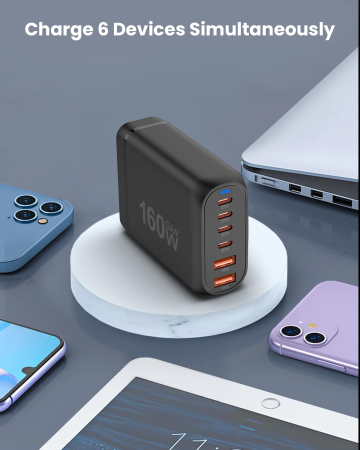 Incarcator retea 160 W GaN3 Fast Charge AdyMel®, statie de incarcare rapida cu 6 porturi, 4 porturi USB-C si 2 porturi USB A, pentru MacBook Pro, Laptop, iPhone, iPad, Samsung, Universal, Negru [4]