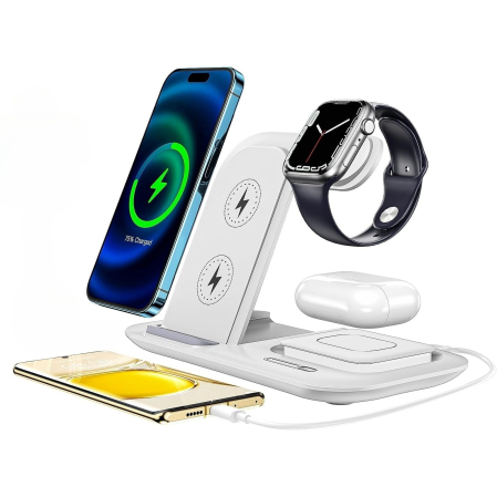 Produse EmagMarketplace - Incarcator wireless fast charger AdyMel®, 5 in 1 cu lampa de veghe, Incarcare rapida 15W telefon, casti, smart watch, compatibil cu Airpods, Apple watch si Iphone Android Samsung Huawei Xiaomi, Alb