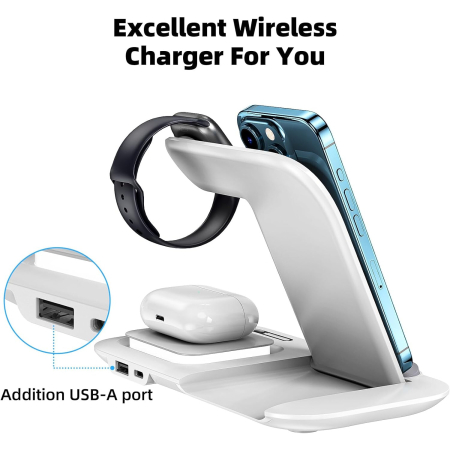 Incarcator wireless fast charger AdyMel®, 5 in 1 cu lampa de veghe, Incarcare rapida 15W telefon, casti, smart watch, compatibil cu Airpods, Apple watch si Iphone Android Samsung Huawei Xiaomi, Alb [2]
