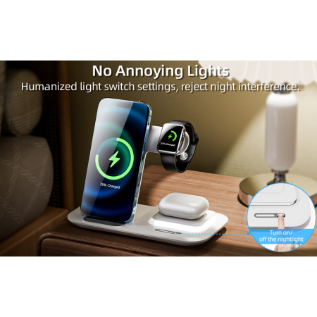 Incarcator wireless fast charger AdyMel®, 5 in 1 cu lampa de veghe, Incarcare rapida 15W telefon, casti, smart watch, compatibil cu Airpods, Apple watch si Iphone Android Samsung Huawei Xiaomi, Alb [4]