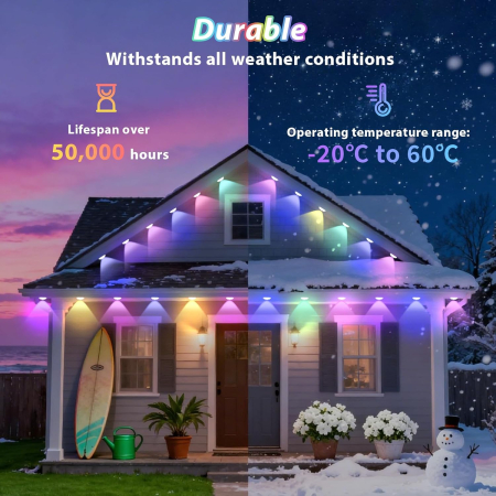 Instalatie LED Inteligenta RGBIC Exterior 15 m, Iluminat Permanent, Control prin Aplicatie si Telecomanda, IP67 pentru exterior [1]