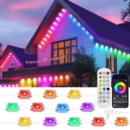 Toate produsele - Instalatie LED Inteligenta RGBIC Exterior 15 m, Iluminat Permanent, Control prin Aplicatie si Telecomanda, IP67 pentru exterior