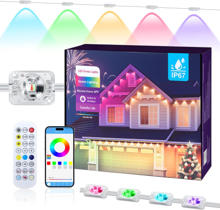 Casa & Birou - Instalatie LED Inteligenta RGBIC Exterior 30 m, Iluminat Permanent, Control prin Aplicatie si Telecomanda, IP67