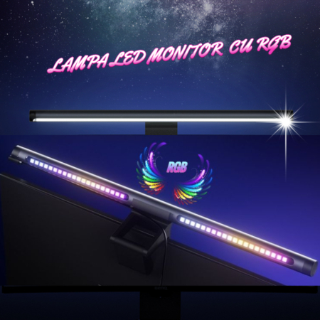 Lampa pentru monitor cu RGB gaming backlight AdyMel®, 2 in 1 din aluminiu 47 cm, LED, detasabila cu suport vertical, reglabila, multicolor, ritm muzical, USB, touch control, intesitate ajustabila, neg [1]