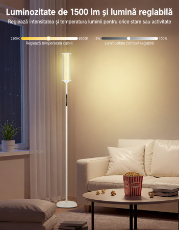AM296 - Lampadar de podea RGBICW Smart LED , lampa de podea cu control app si telecomanda, 16M culori, 32 moduri, sincronizare muzica, veioza reglabila 2200K-6500K, 1500lm, Alb [3]