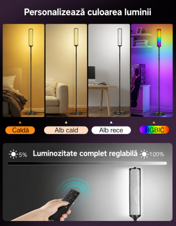 AM295 - Lampadar de podea RGBICW Smart LED , lampa de podea cu control app si telecomanda, 16M culori, 32 moduri, sincronizare muzica, veioza reglabila 2200K-6500K, 1500lm, Negru [1]
