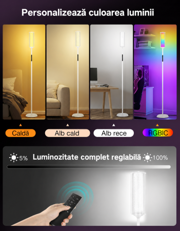 AM296 - Lampadar de podea RGBICW Smart LED , lampa de podea cu control app si telecomanda, 16M culori, 32 moduri, sincronizare muzica, veioza reglabila 2200K-6500K, 1500lm, Alb [1]
