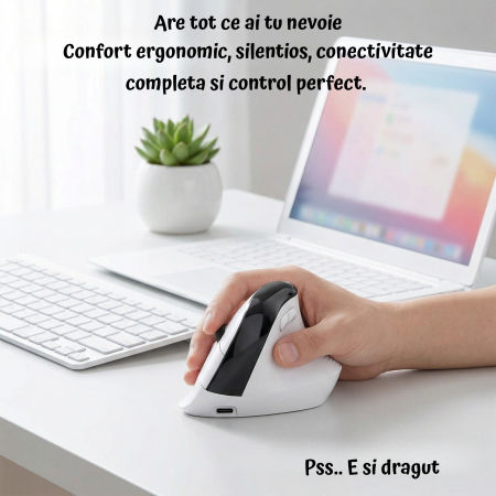 Mouse wireless AdyMel® ergonomic vertical – 2.4GHz + BT 5.0, 4000 DPI, reincarcabil, alb. [3]