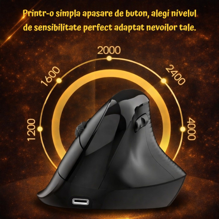 Mouse wireless AdyMel® ergonomic vertical – 2.4GHz + BT 5.0, 4000 DPI, reincarcabil, negru. [2]